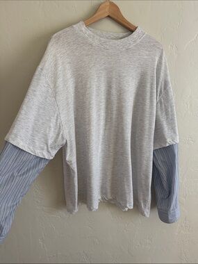 The Frankie Shop Bryton Layered Tee Light Grey with Blue Striped Sleeves